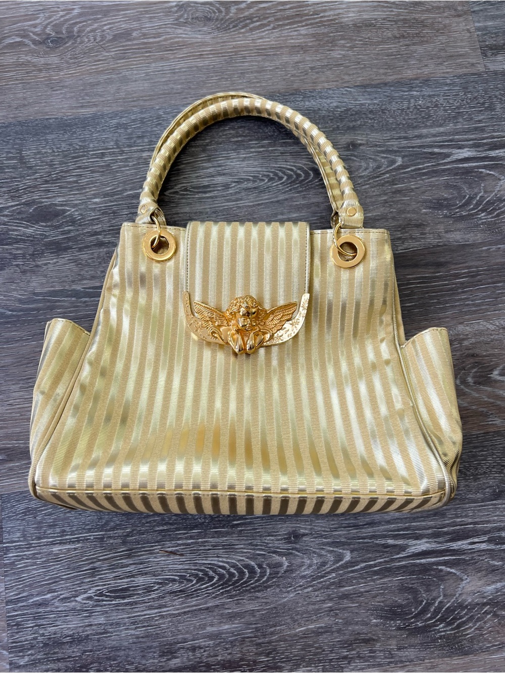 Gold Striped Top-Handle Women's Handbag with Cherub Accent